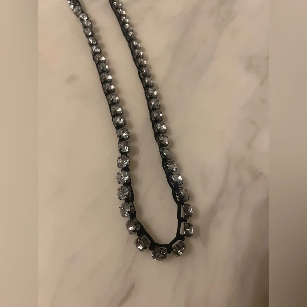 Necklace Faux Diamond Silver Long Super Shiny Party Black Corded